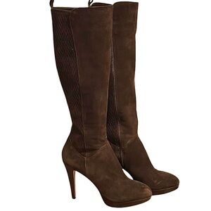 Vera Cuovio Brown Suede Platform High Stiletto Heel BootEmbossed Diamond Pattern